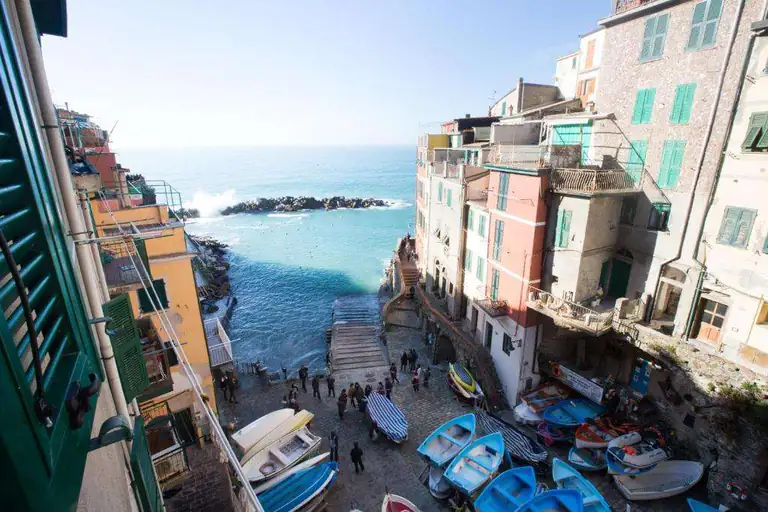 Sea and colourful houses seen from the window of Alla Marina guesthouse