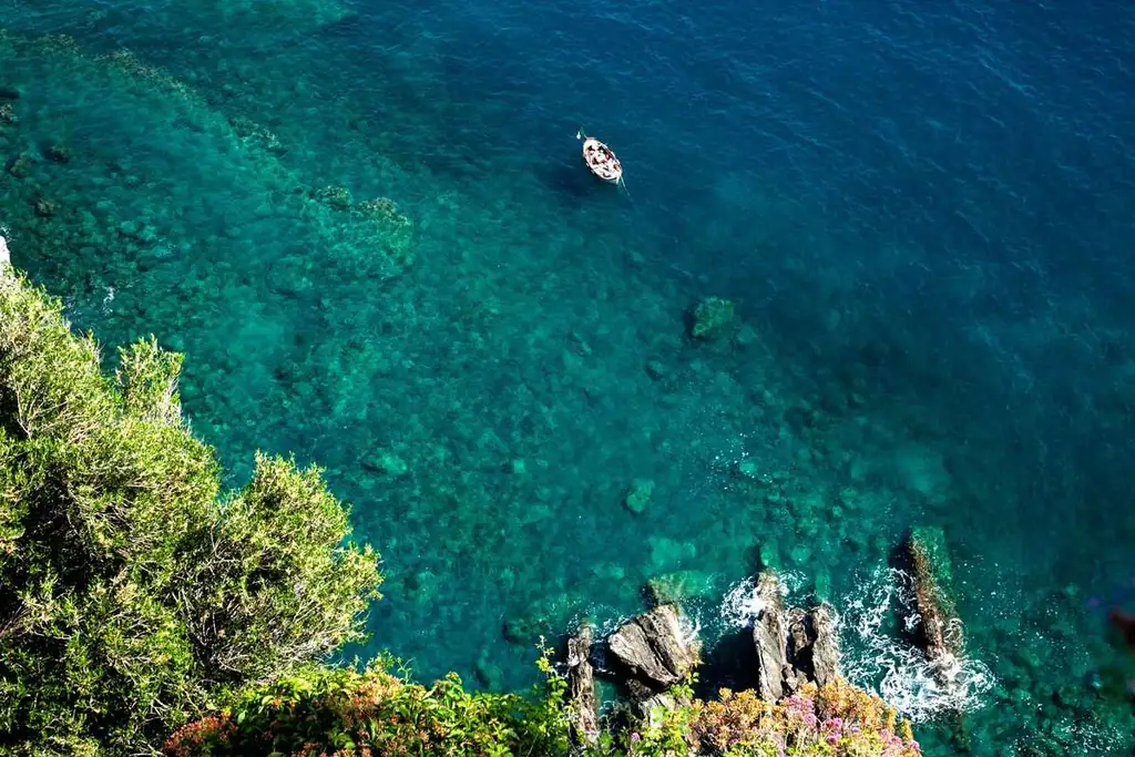 Crystal-clear sea at Corniglia seen from above