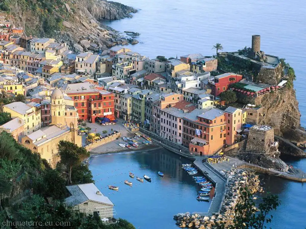 Vernazza from above with the harbour and castle