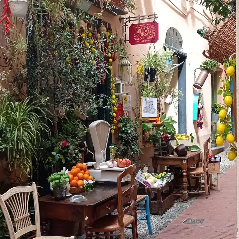 Terrasse fleurie du Piccolo Bistrot Gourmet à Bordighera