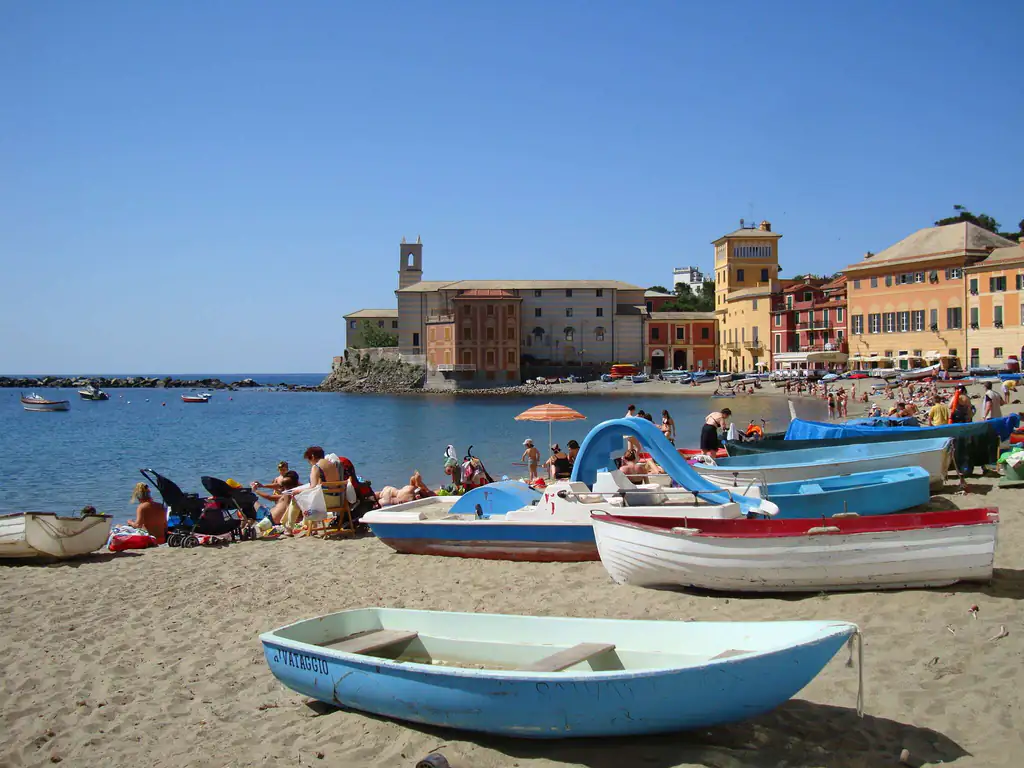 Wooden boats on the Baia del Silenzio beach in Sestri Levante