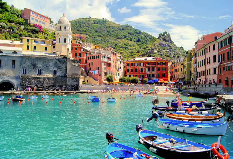 Vernazza harbour with colourful boats