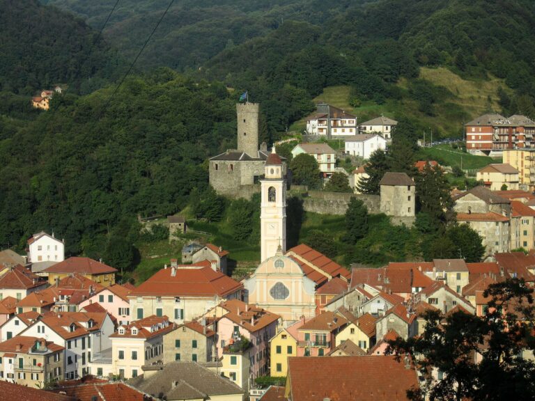 Il borgo con il campanile della parrocchiale e il castello Spinola