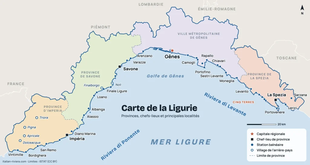 Carte de la Ligurie avec les quatre provinces (Imperia, Savone, Gênes, La Spezia), les chefs-lieux et les principales localités