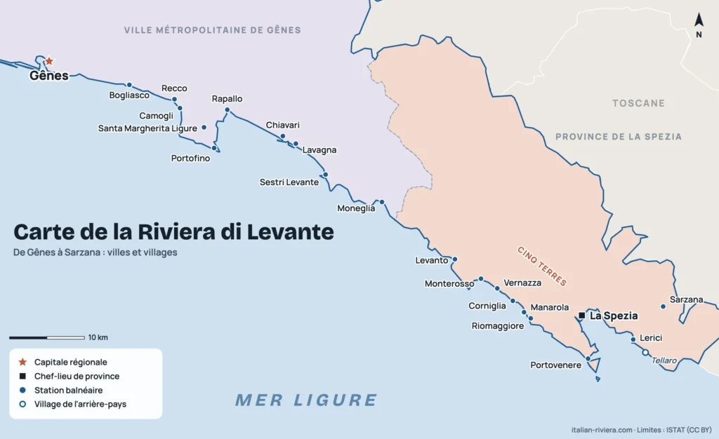 Carte de la Riviera di Levante de Gênes à Sarzana avec Portofino, les Cinque Terre et le golfe des Poètes