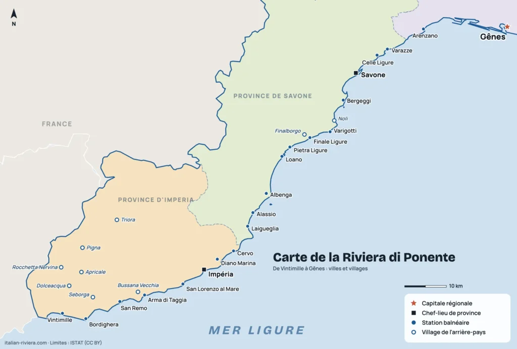 Carte de la Riviera di Ponente de Vintimille à Gênes avec les stations balnéaires et les villages de l'arrière-pays