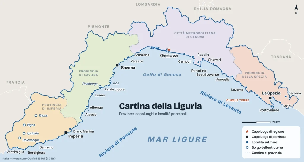 Cartina della Liguria con le quattro province (Imperia, Savona, Genova, La Spezia), i capoluoghi e le principali località