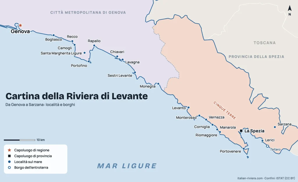 Cartina della Riviera di Levante da Genova a Sarzana con Portofino, Cinque Terre e Golfo dei Poeti