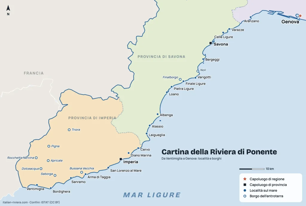 Cartina della Riviera di Ponente da Ventimiglia a Genova con località sul mare e borghi dell'entroterra