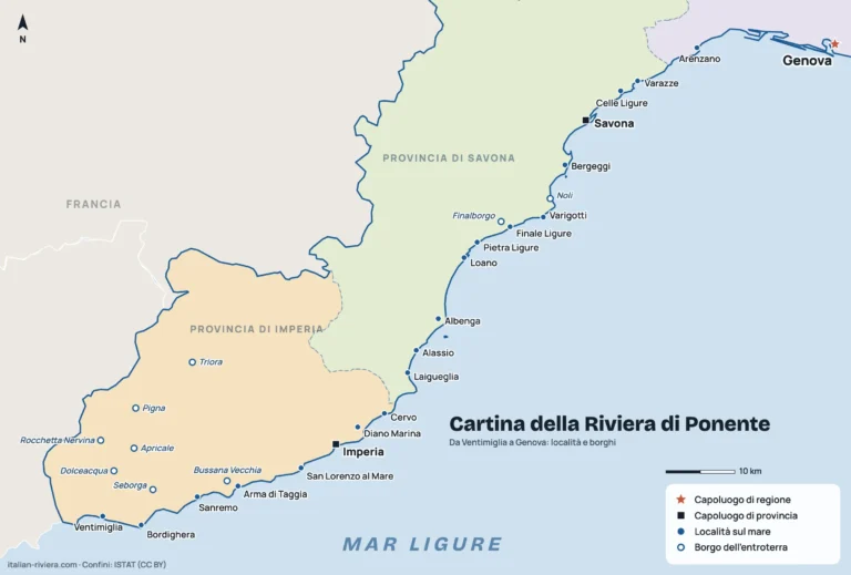Cartina della Riviera di Ponente da Ventimiglia a Genova con località sul mare e borghi dell'entroterra