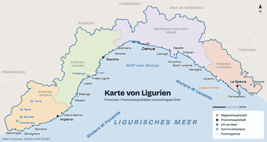 Karte von Ligurien mit den vier Provinzen (Imperia, Savona, Genua, La Spezia), den Provinzhauptstädten und den wichtigsten Orten