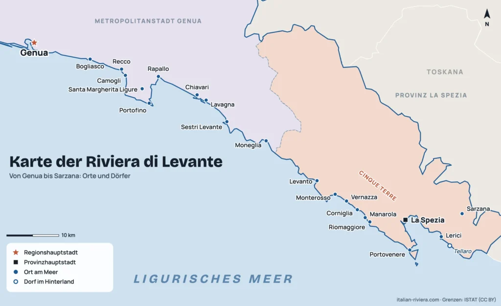 Karte der Riviera di Levante von Genua bis Sarzana mit Portofino, Cinque Terre und Golf der Dichter