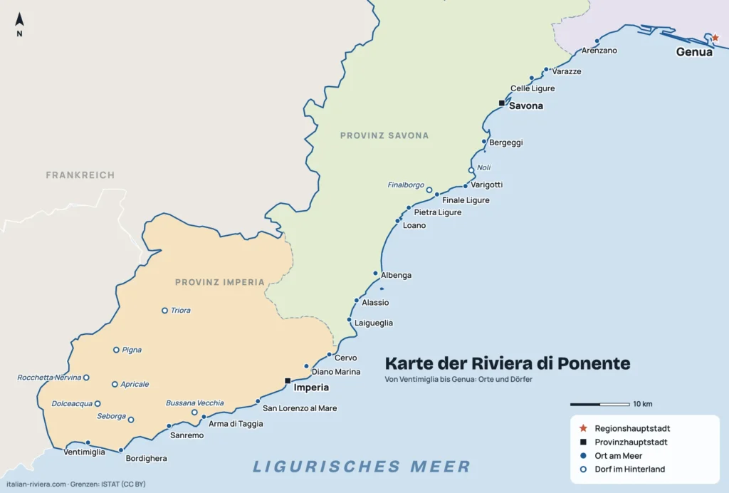 Karte der Riviera di Ponente von Ventimiglia bis Genua mit Orten am Meer und Dörfern im Hinterland
