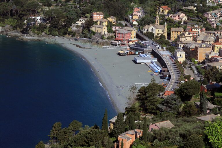 La baia e la spiaggia di Bonassola dall'alto