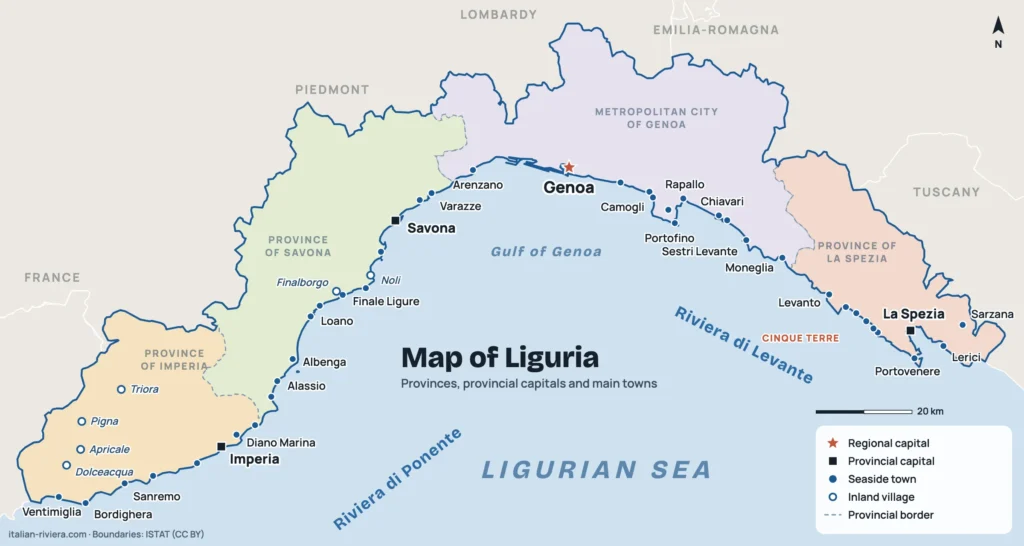 Map of Liguria showing the four provinces (Imperia, Savona, Genoa, La Spezia), the provincial capitals and the main towns