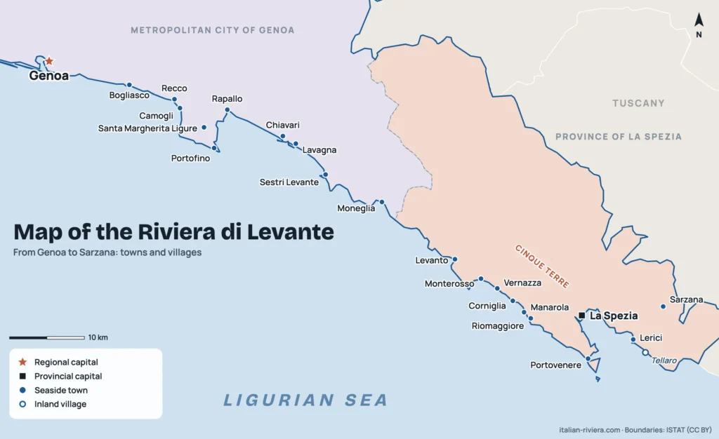 Map of the Riviera di Levante from Genoa to Sarzana with Portofino, the Cinque Terre and the Gulf of Poets