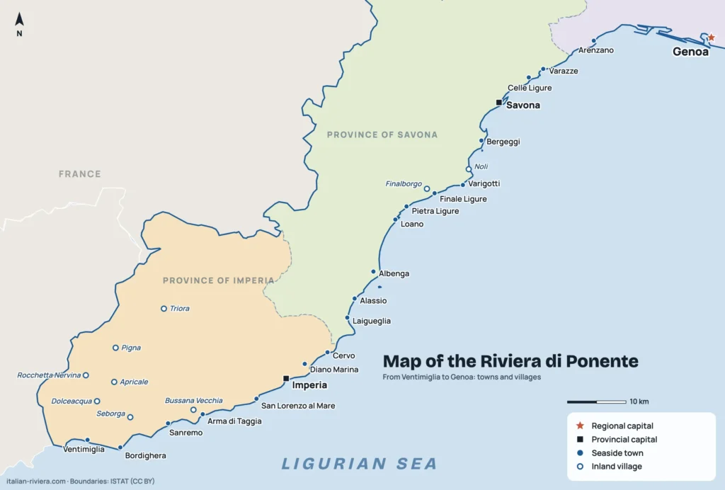Map of the Riviera di Ponente from Ventimiglia to Genoa with seaside towns and inland villages