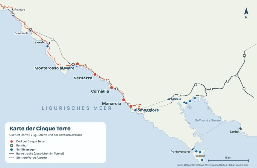 Karte der Cinque Terre mit den fünf Dörfern, der Bahnstrecke, den Schiffsanlegern und dem Sentiero Verde Azzurro