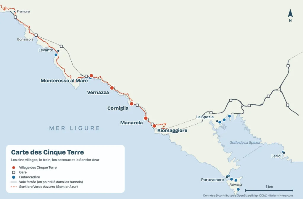 Carte des Cinque Terre avec les cinq villages, la voie ferrée, les embarcadères et le Sentiero Verde Azzurro