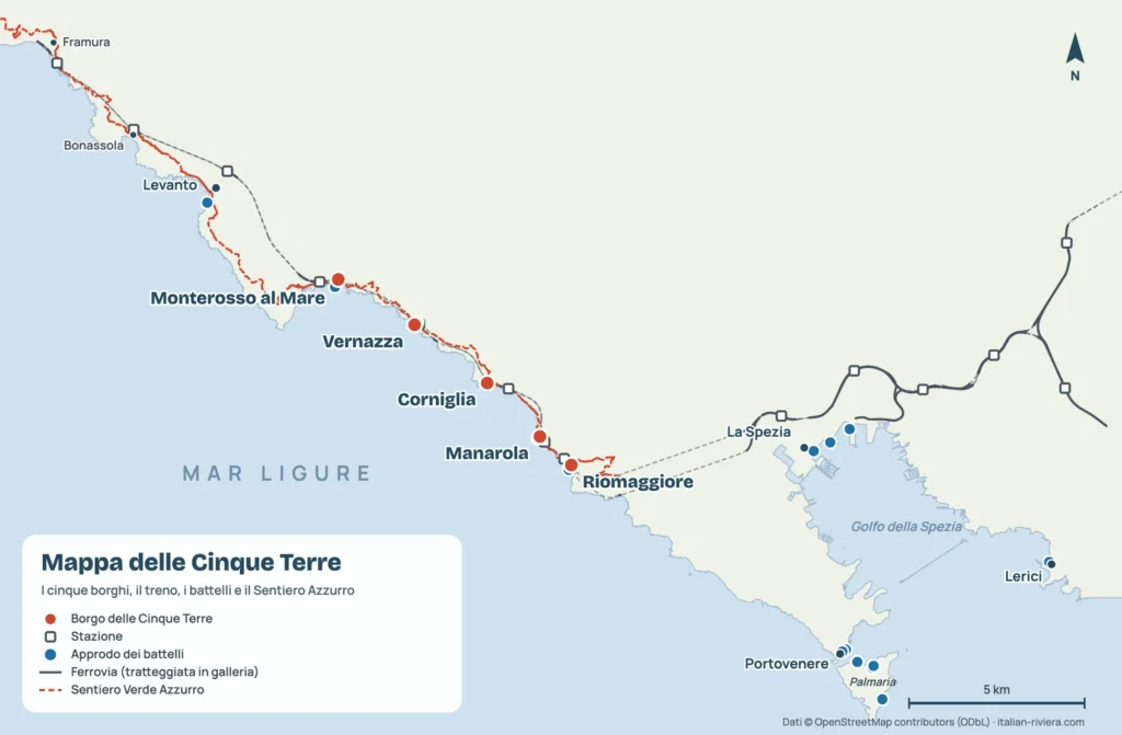 Mappa delle Cinque Terre con i cinque borghi, la ferrovia, gli approdi dei battelli e il Sentiero Verde Azzurro