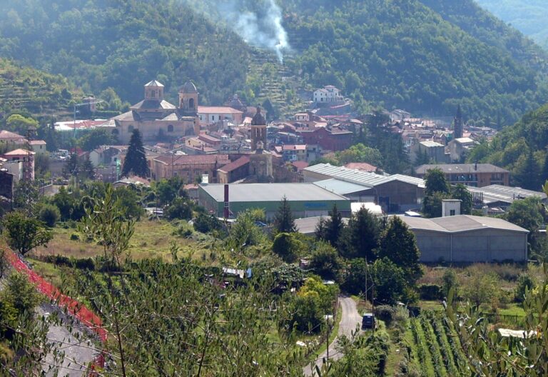 Pieve di Teco vista dall'alto, con il centro storico e la valle dell'Arroscia