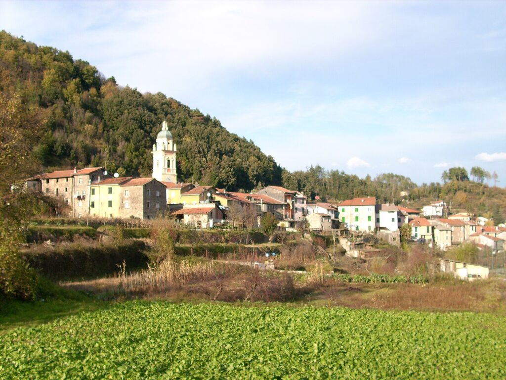 Panorama di Pignone con il campanile della pieve e l'orto in primo piano